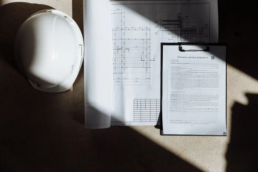 Contrat de construction, plans et casque de chantier